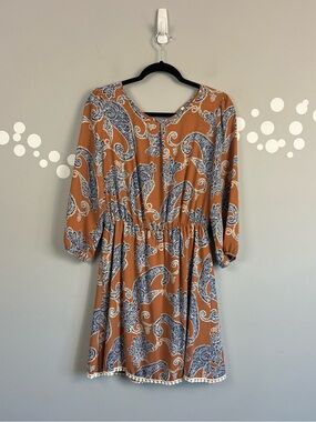 Sage Paisley Drop Waist Boho Mini Dress Brown Blue Pom Trim